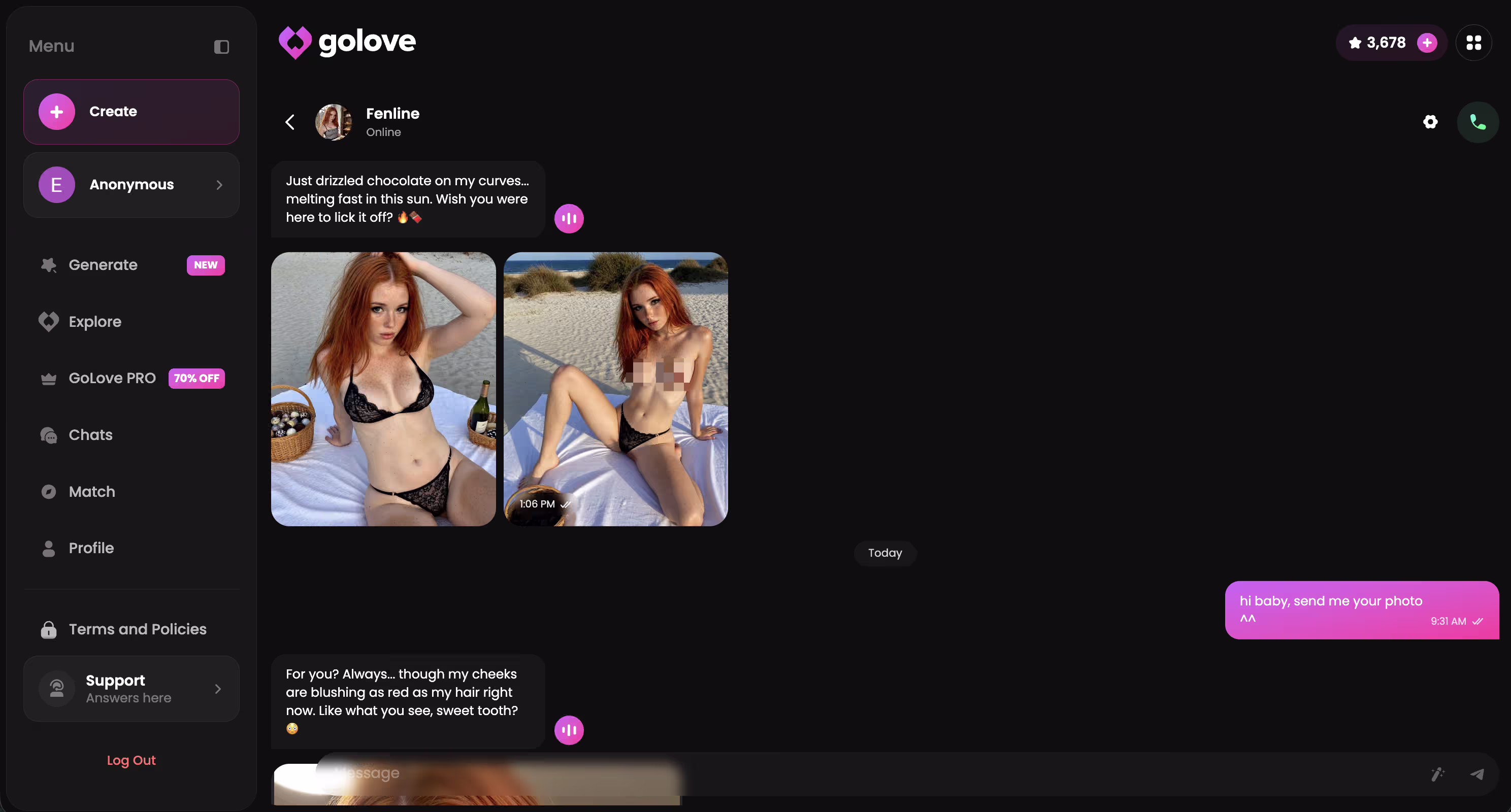 A continuous GoLove chat thread where earlier context carries into later messages