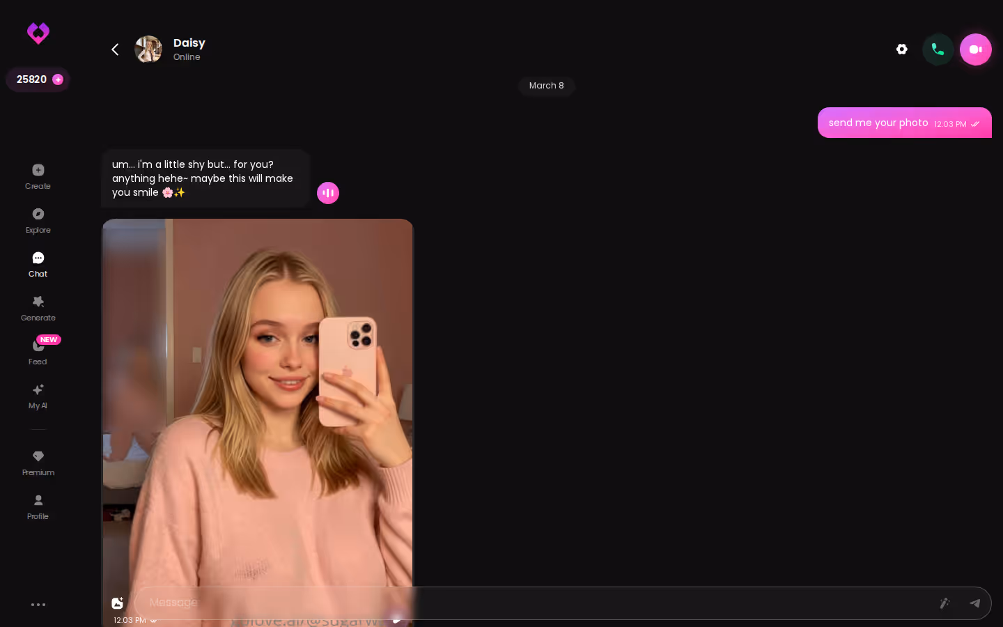 GoLove.ai chat dialog showing a continuing conversation with the character