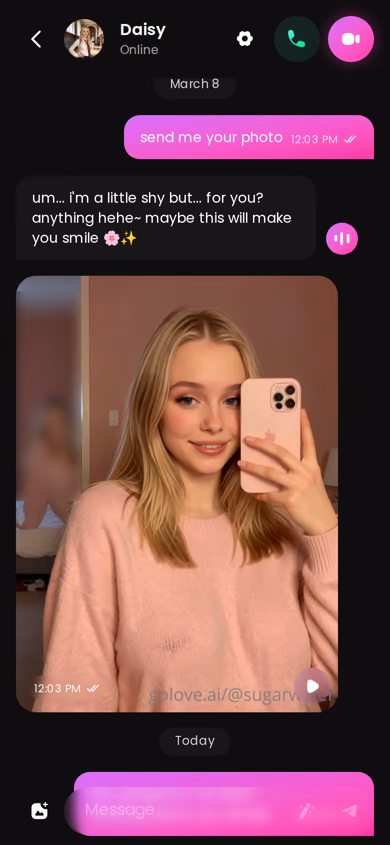 A full GoLove.ai chat thread on mobile with an in-chat photo request answered — the same loop works for a custom male character