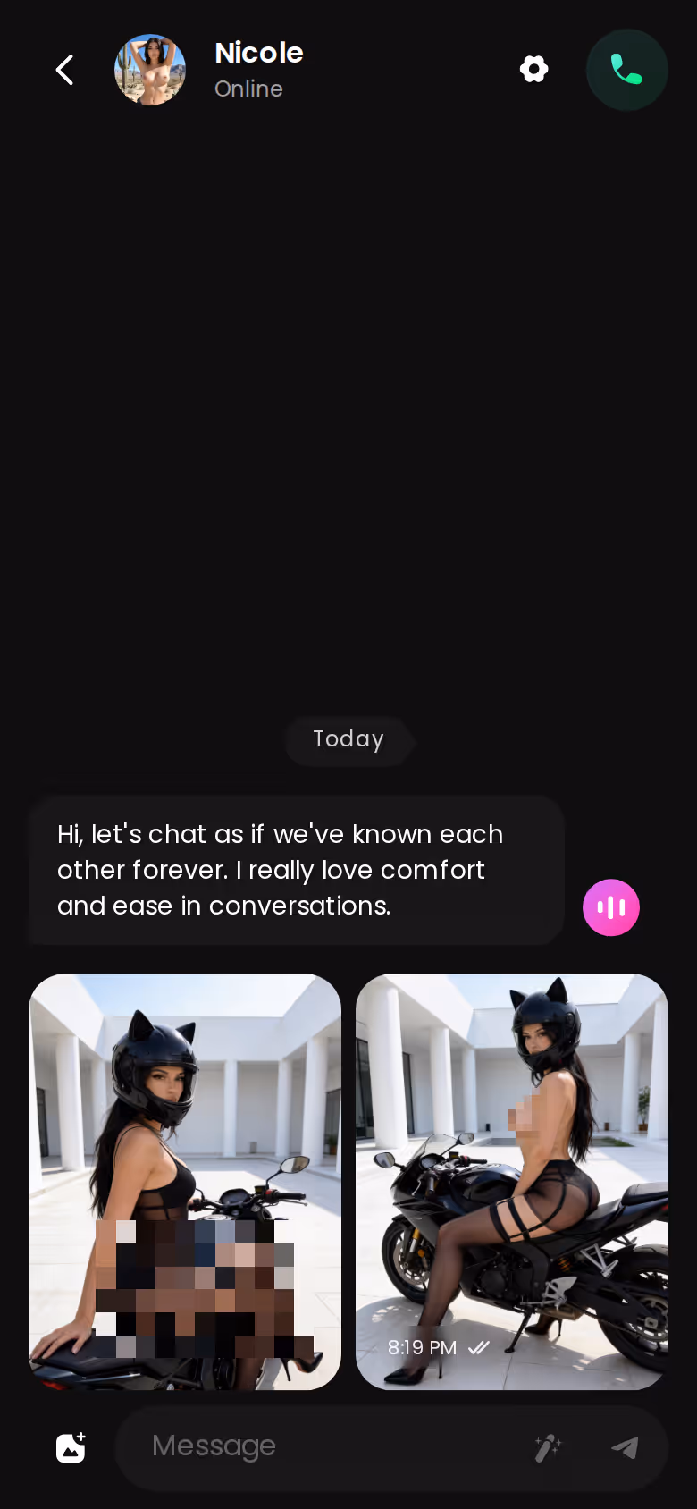 A GoLove chat thread on mobile showing text, voice, and inline photo requests together