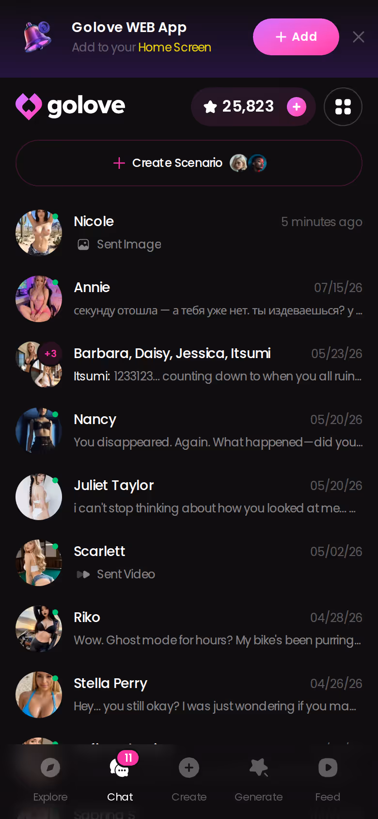 GoLove.ai chats list on mobile showing characters with last-message previews