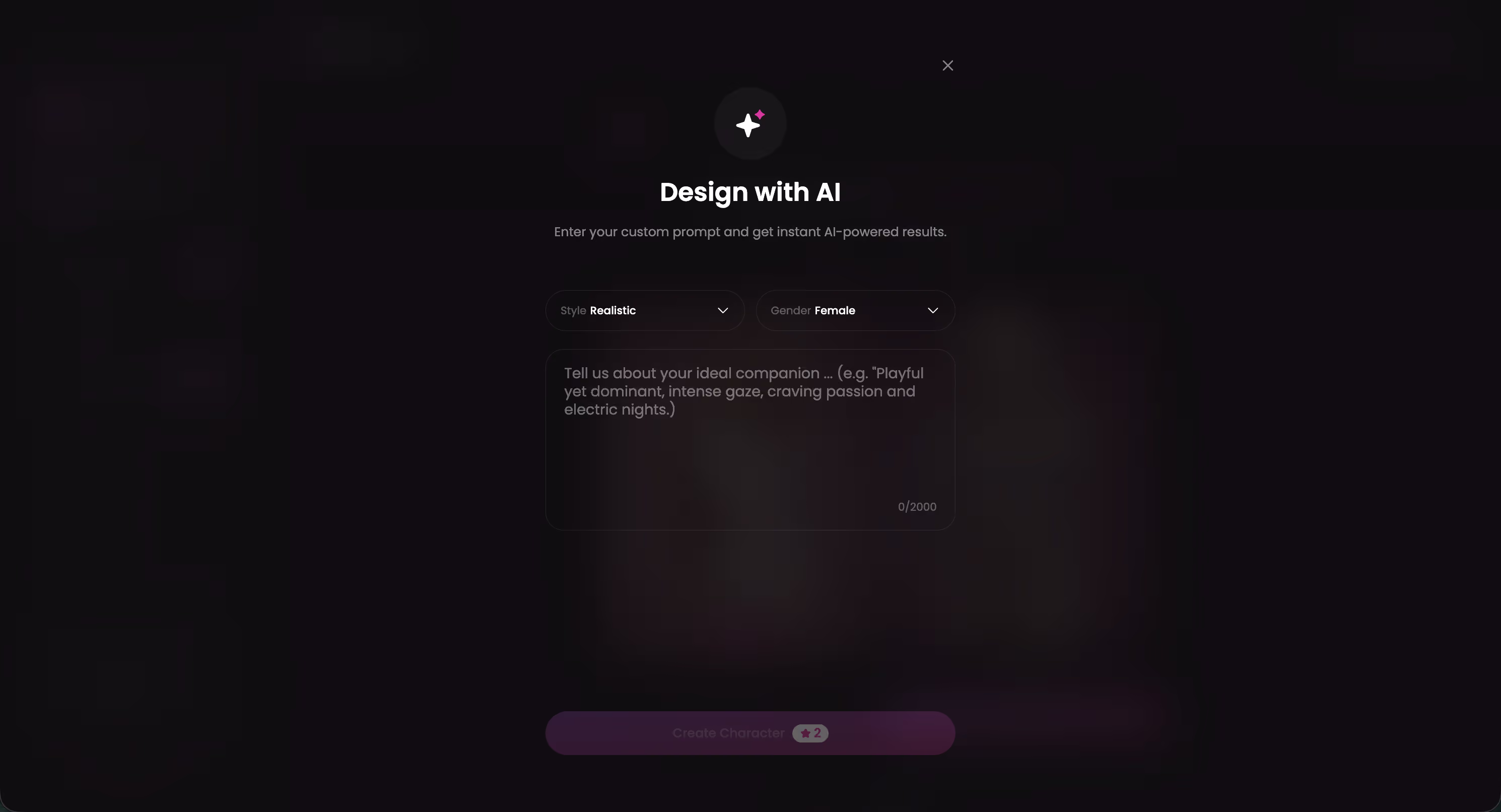 GoLove's Design with AI screen where a text description becomes a character