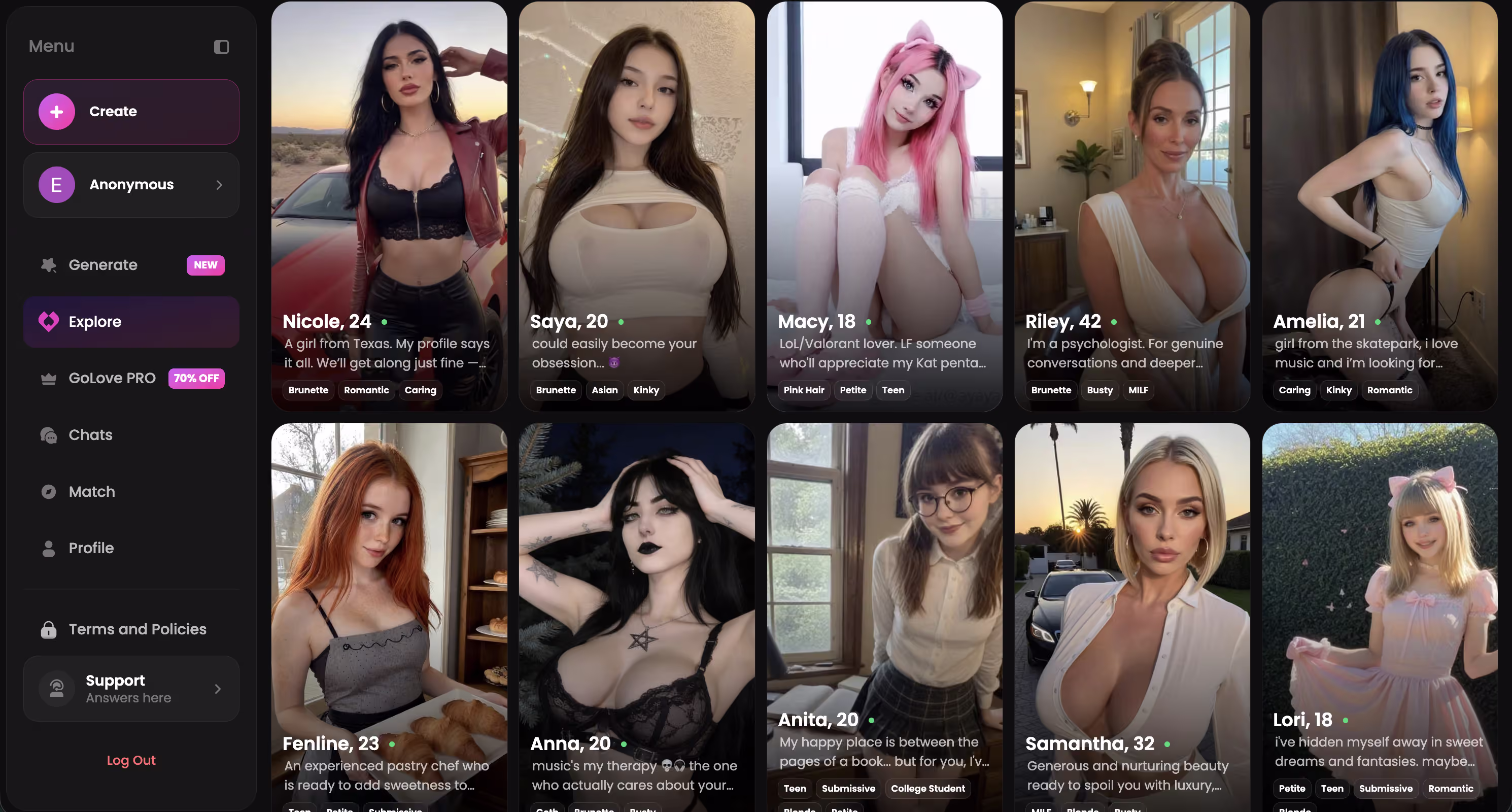 Explore page with realistic AI girlfriend roster — ai companion
