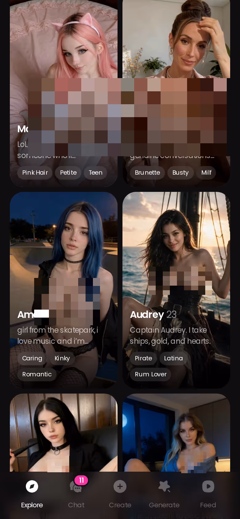 GoLove Explore tab on mobile showing realistic AI girlfriend characters ready for instant chat