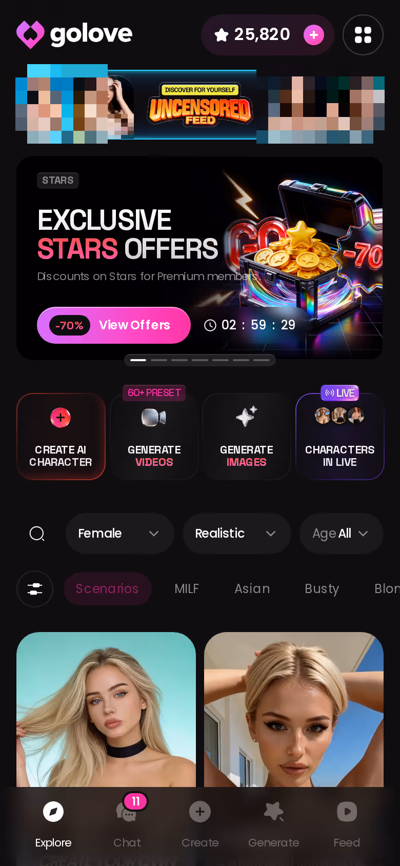GoLove.ai Explore grid on mobile with filter chips visible above the character cards