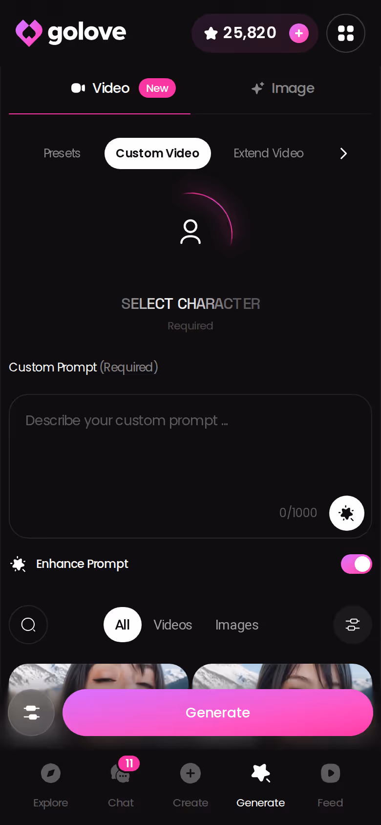 Mobile Custom Video mode in the GoLove.ai generator — ai companion