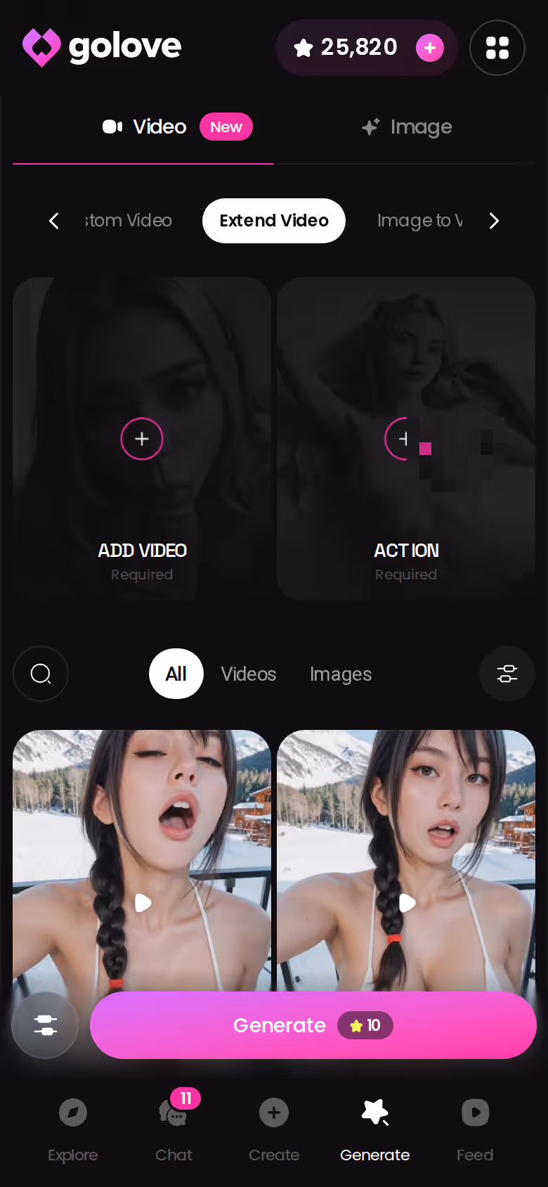 Extend Video option in the GoLove.ai generator on mobile