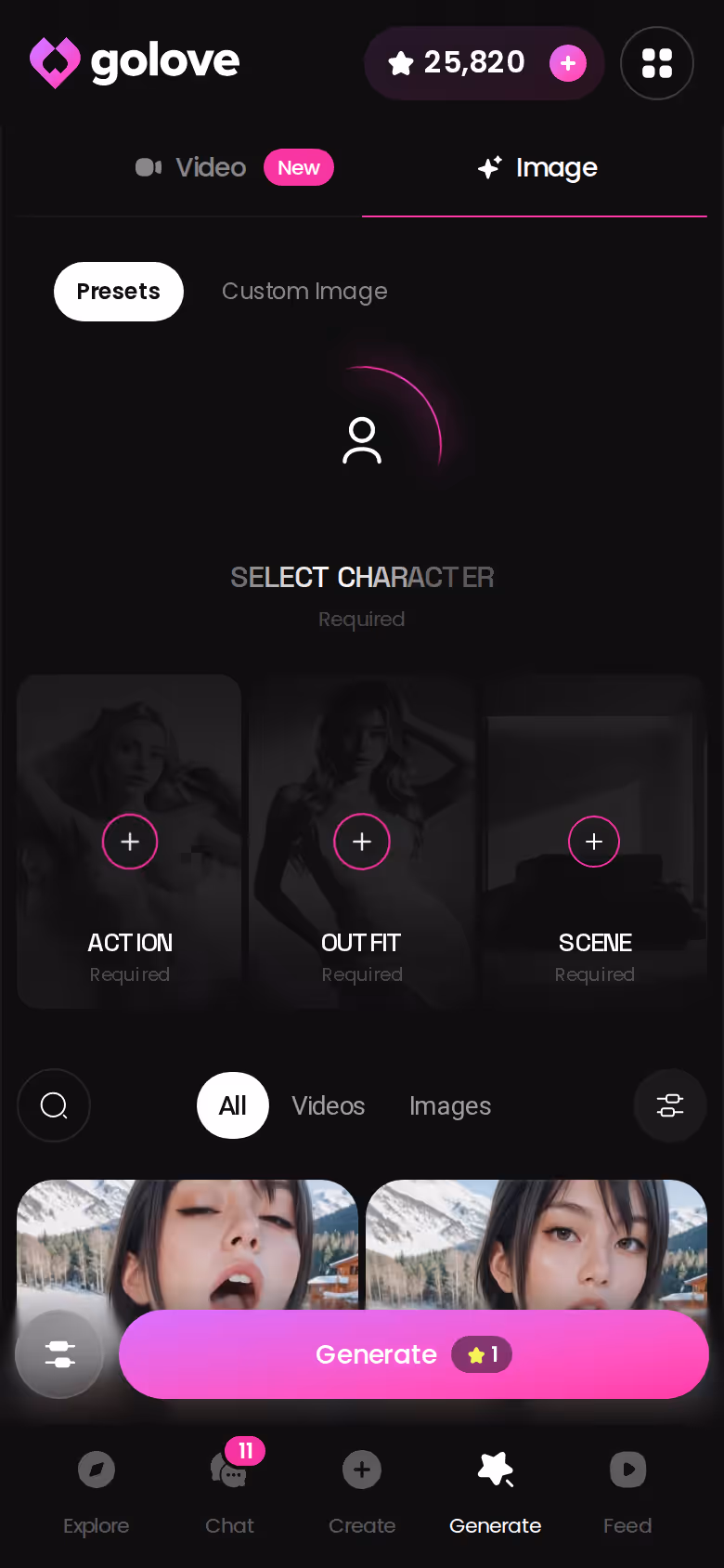 GoLove's image generator on mobile with the Stars balance visible in the header
