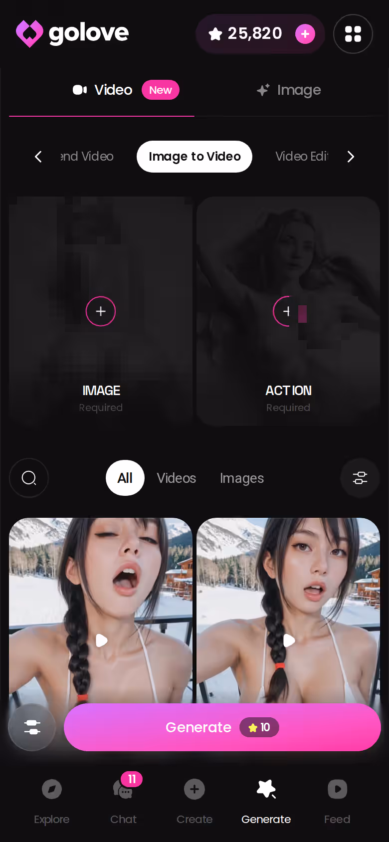 GoLove.ai Image to Video mode on mobile with a photo selected for animation