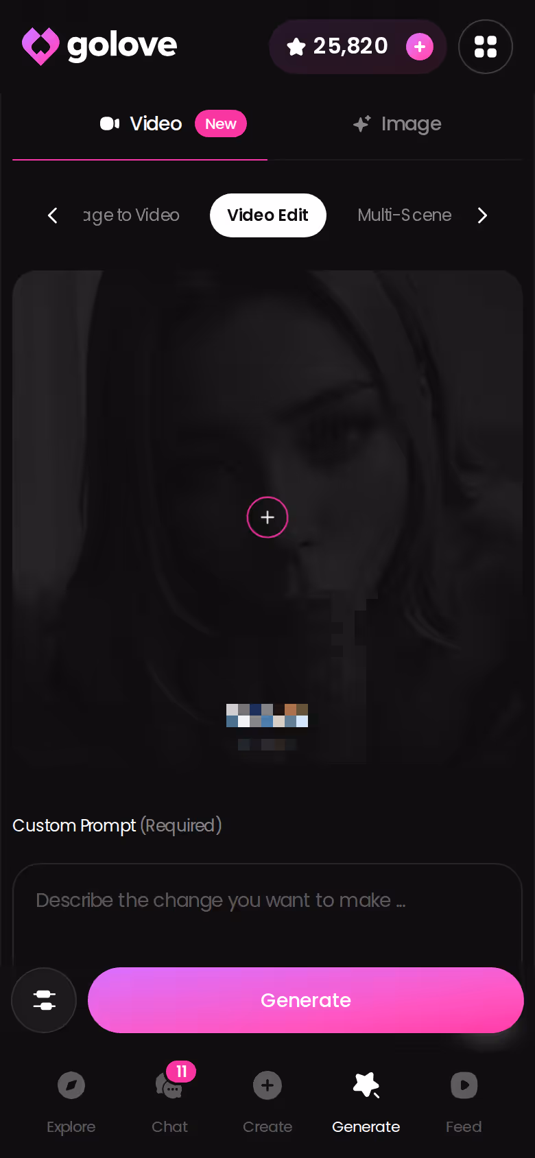 Mobile Video Edit mode in the GoLove.ai generator — gay ai chatbot